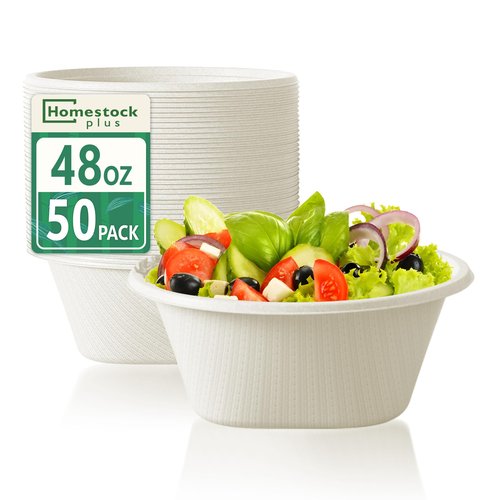 48 Oz Bowls Disposable - Heavy Duty Compostable Paper Bowls, Microwave Safe Large Bowls, Ideal for Restaurant Catering, Salads, Buffets & Eco-Friendly Use - 50 Pack [White]