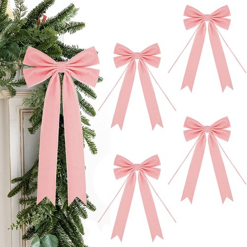 Christmas Bows for Gift Wrapping 8 X 14 Inch Long Velvet Ribbon Bows for Tree Wreath, Garland, Fireplace, Stairs, Mirror, Door, Holiday Crafts Decor, Pack of 4 (Pink)