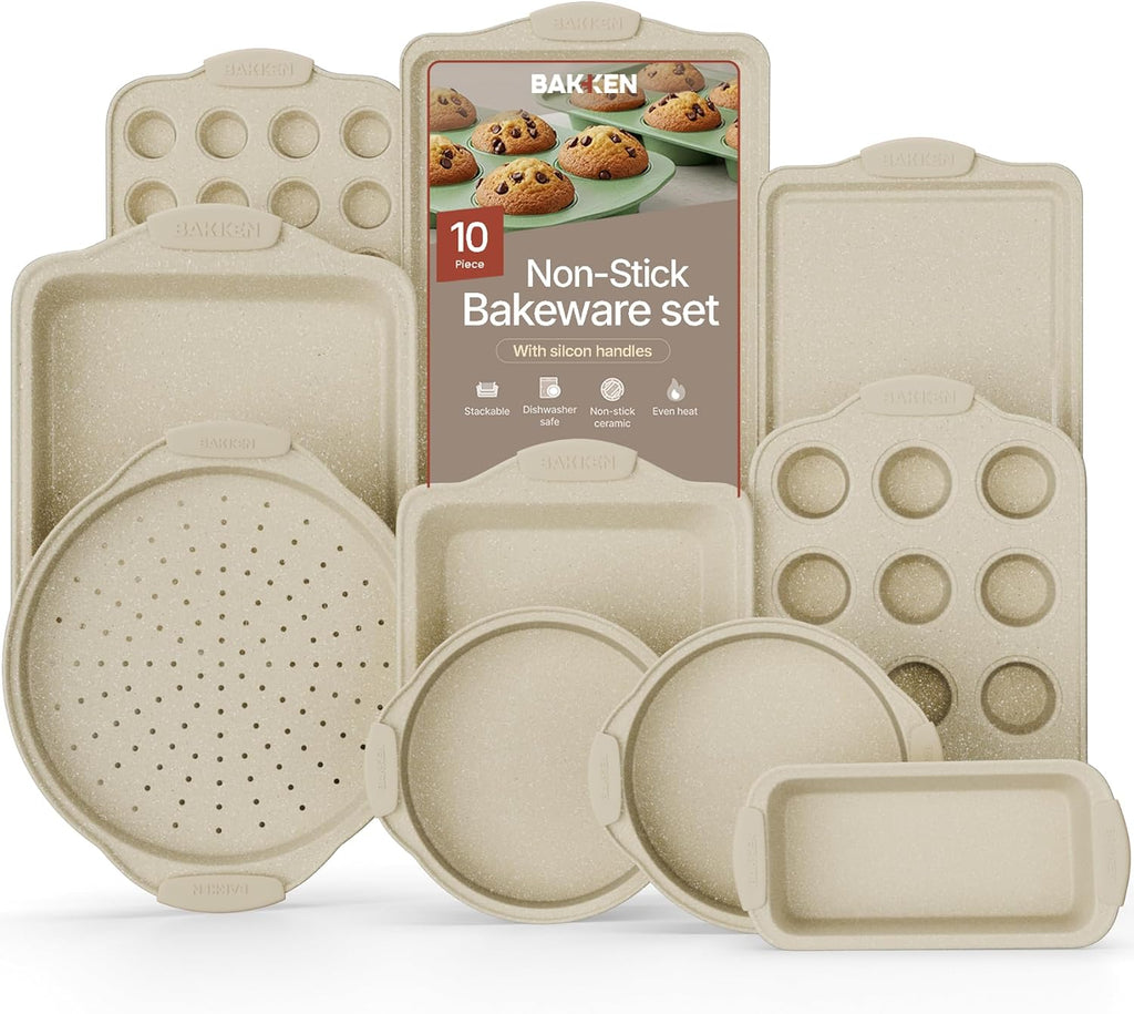 BAKKEN Nonstick Carbon Steel Baking Pans Set - 10-Piece Bakeware with White Silicone Handles, Oven Safe to 450°F