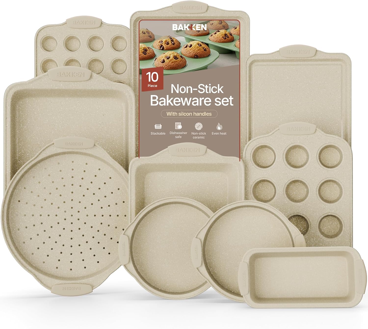 BAKKEN Nonstick Carbon Steel Baking Pans Set - 10-Piece Bakeware with White Silicone Handles, Oven Safe to 450°F