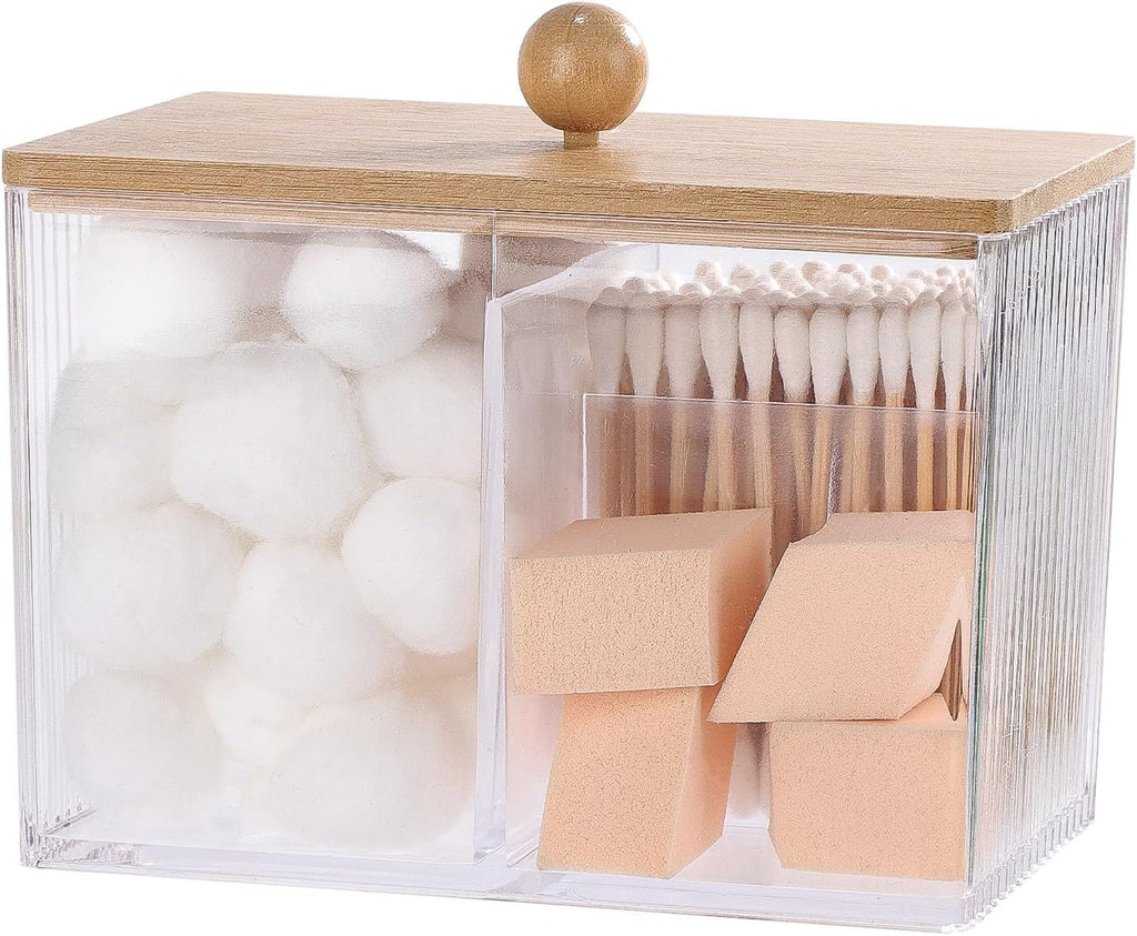 Ohlove Qtip Holder - Bamboo Lids & 3 Compartments | Clear Plastic Cotton Ball Dispenser