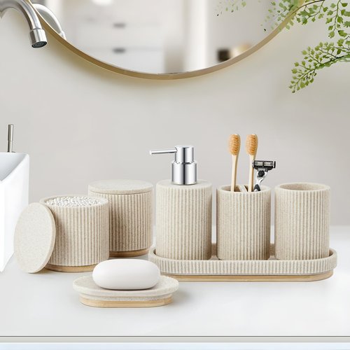 Z ZONAMA 7PCS Bathroom Accessories Set, with Soap Dispenser, Q-tip Holder, Toothbrush Holder, Tumbler, Soap Dish, Vanity Tray, Bathroom Set Complete Organizer Countertop for Modern Decor, Beige