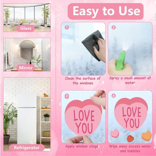 6 Sheets Valentine's Day Window Clings Conversation Heart Window Decals Colorful Candy Love Hearts Double-Sided Reusable for Home Decor Wedding Anniversary Party Supplies