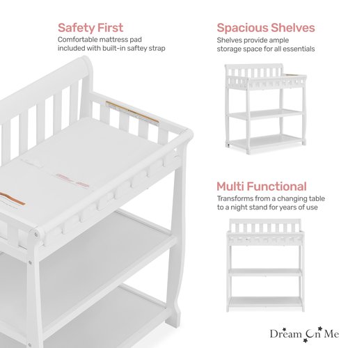 Dream On Me Ashton 2-in-1 Changing Table & Nightstand in White – Solid New Zealand Pinewood, Safety Rails, Spacious Storage Shelves & Water-Resistant Changing Pad, Converts to Nightstand