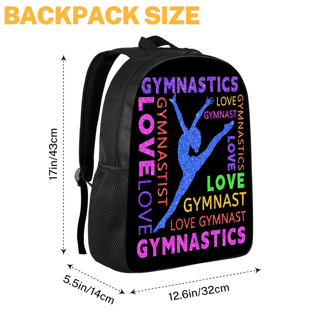 DOINBEE Gymnastics Backpack, Gymnastics Backpack for Girls Women, Colorful Love Gymnast on Black Bookbag, Funny Water Resistant Lightweight School Laptop Bags Casual Travel Daypack 17"
