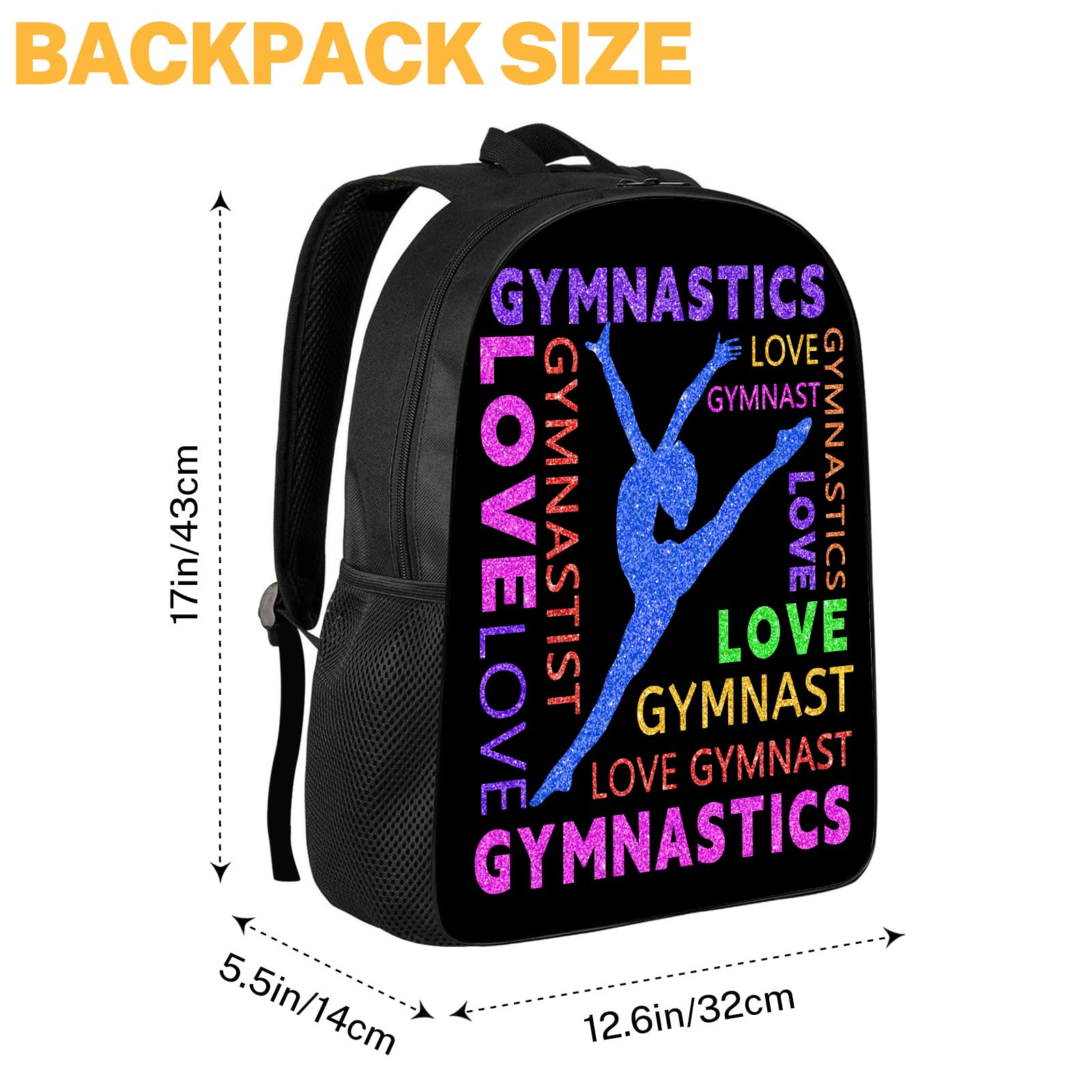 DOINBEE Gymnastics Backpack, Gymnastics Backpack for Girls Women, Colorful Love Gymnast on Black Bookbag, Funny Water Resistant Lightweight School Laptop Bags Casual Travel Daypack 17"