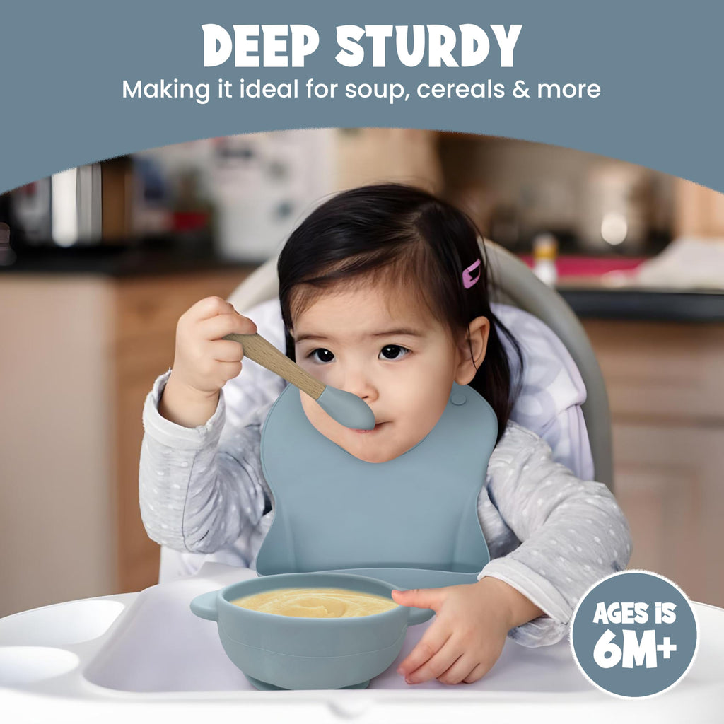 Baby Feeding Essentials, Baby Led Weaning Supplies, Silicone Baby Feeding Set, with Baby Spoon, Fork, Baby Bib, Sippy Cup, Suction Plate, Suction Bowl, Baby Eating Essentials, 6+ Months (Dusty Blue)