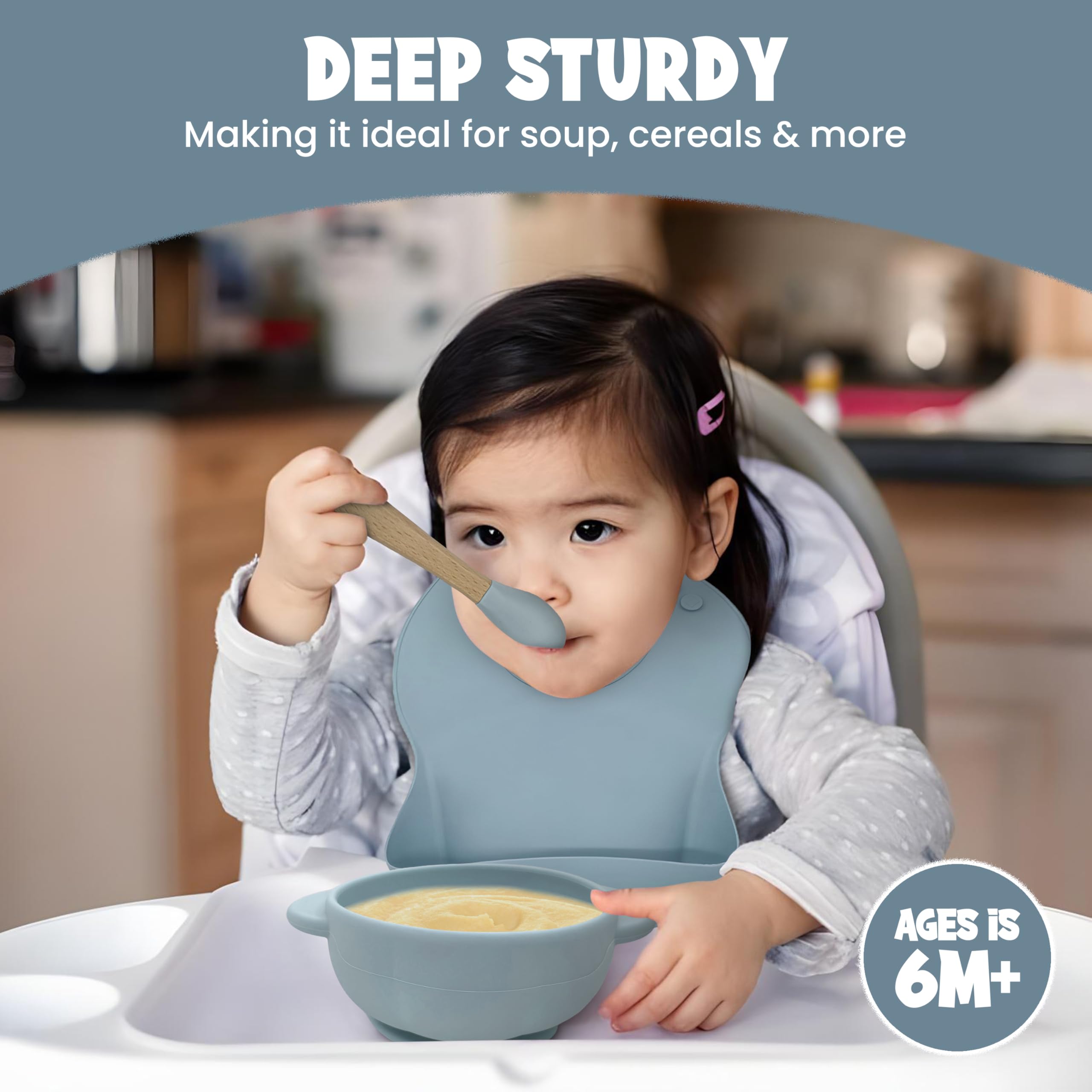 Baby Feeding Essentials, Baby Led Weaning Supplies, Silicone Baby Feeding Set, with Baby Spoon, Fork, Baby Bib, Sippy Cup, Suction Plate, Suction Bowl, Baby Eating Essentials, 6+ Months (Dusty Blue)