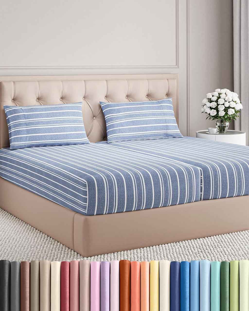 Split King Size 5-Piece Sheet Set | Comfy Cooling Bed Sheets - Luxury Hotel Quality - Deep Pockets - Blue Stripes