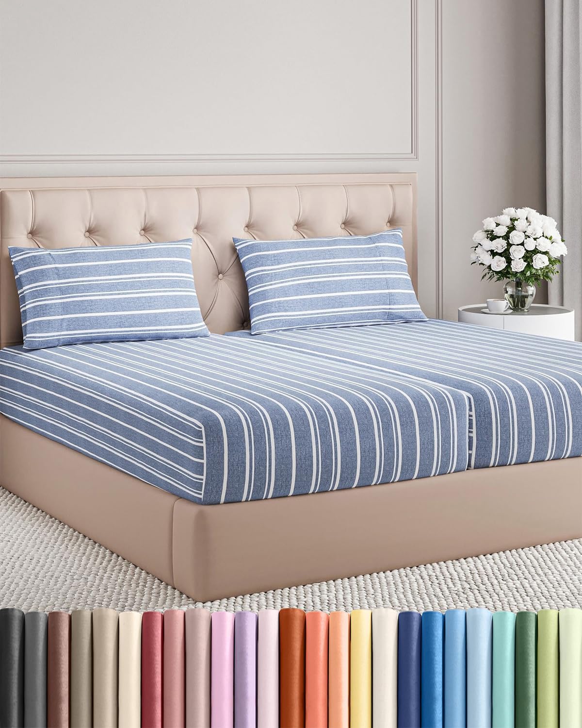Split King Size 5-Piece Sheet Set | Comfy Cooling Bed Sheets - Luxury Hotel Quality - Deep Pockets - Blue Stripes