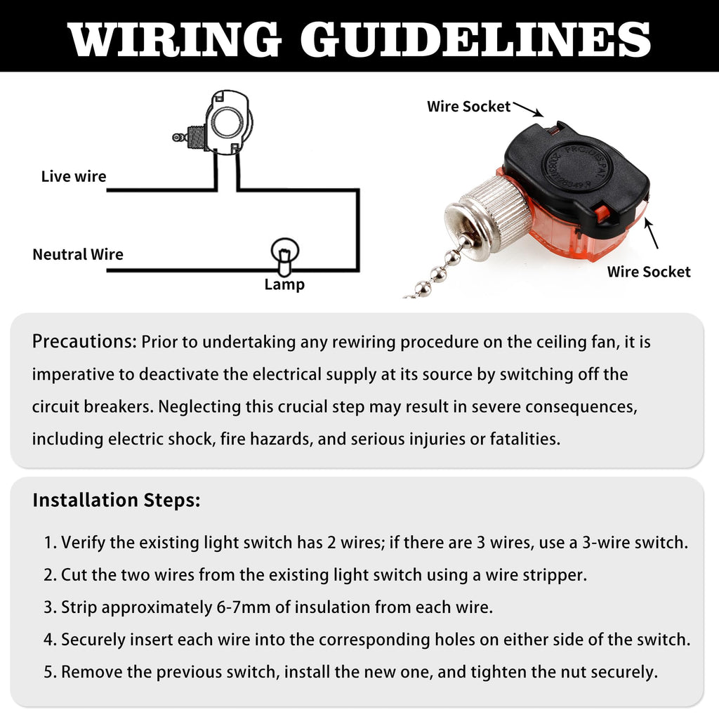 2 Pack Ceiling Fan Light Switch E87438, Pull Chain Switch for Hunter Ceiling Fans Lamp, Wall Lights, Cabinet Light and More, Two-Wire On-Off Lamp Switch, 11" Beaded Pull Chain, 3A 125VAC, 6A 250VAC