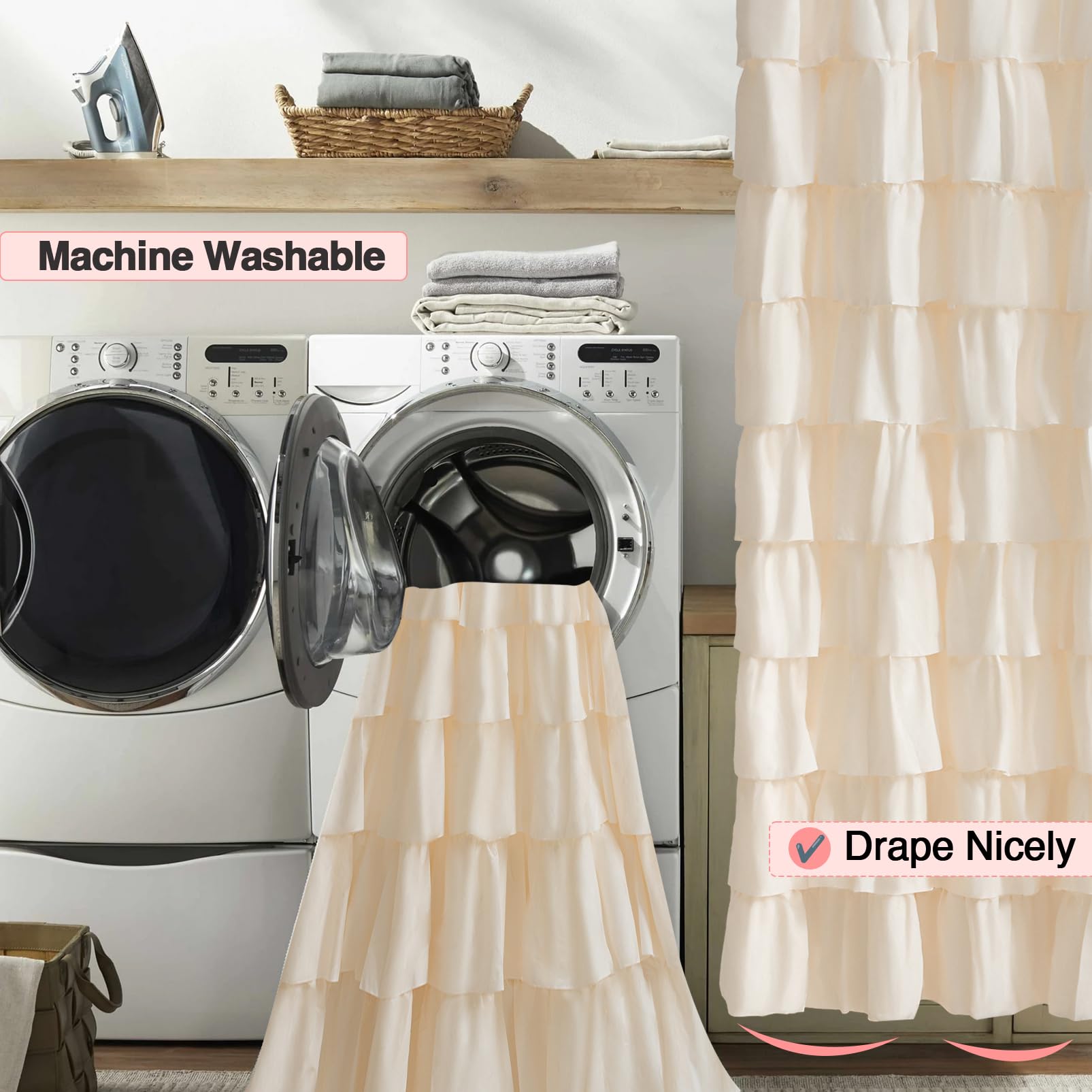 WestWeir Beige Ruffle Shower Curtain - Farmhouse Ruffled Design, Cream Boho Bathroom Curtain with Elegant Layered Ruffles, Rustic Shabby Chic Style, 72x72 Fabric Decorative Drapes