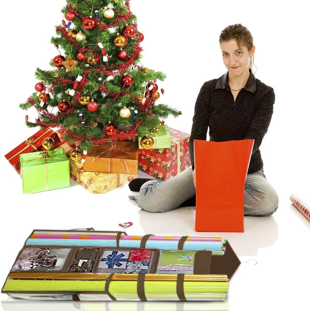 ProPik Hanging Double-Sided Wrapping Paper Organizer - Store Gift Wrap, Bags & Ribbons | 40" x 17" Clear PVC Bag (Brown)