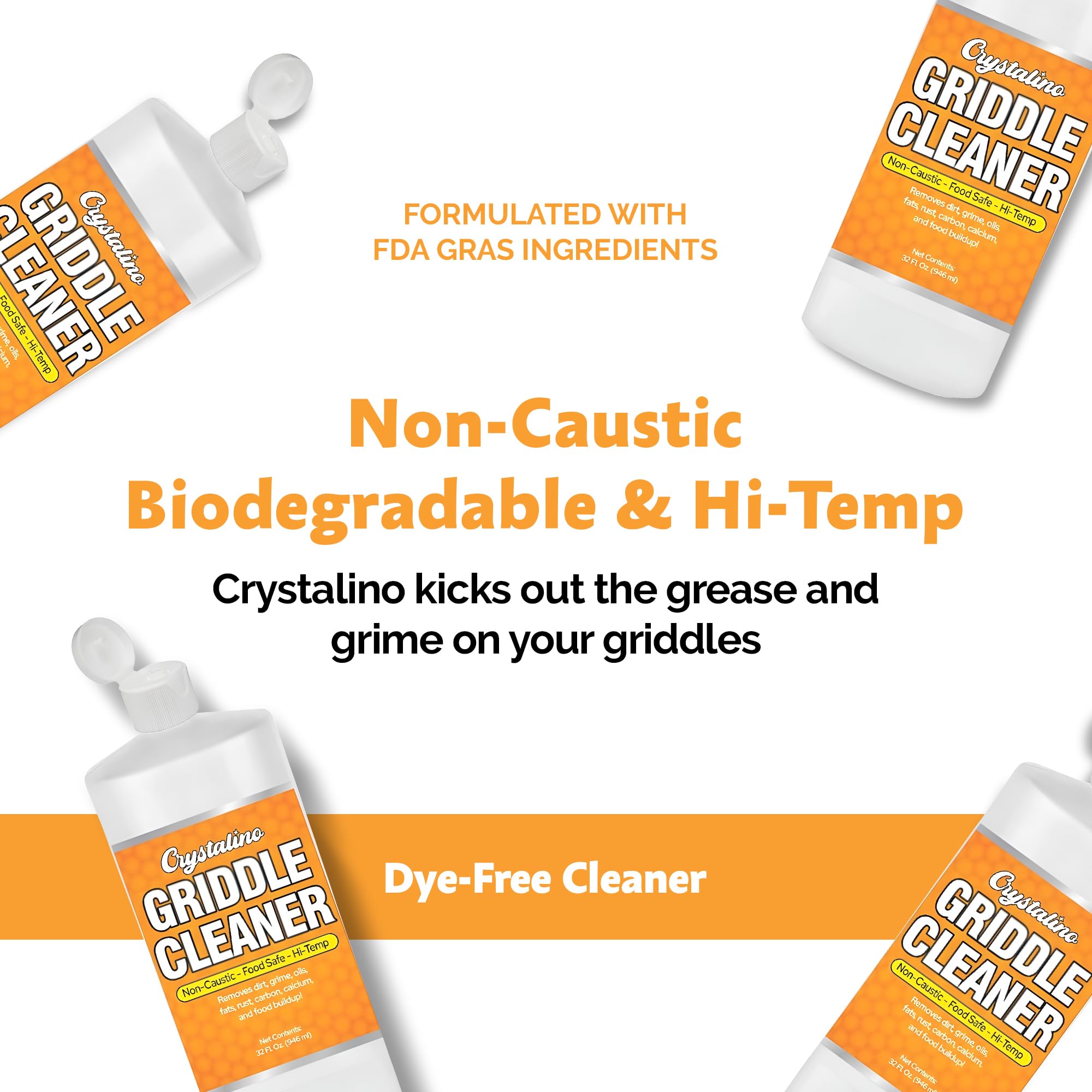 Crystalino Flat Top Grill Cleaner (32 Fl Oz), Removes Grease, Rust, Fats, Carbon, and Calcium, Griddle Cleaning Kit, Use on Stainless Steel as Wolf Blackstone Griddle Cleaner for Flat Top Degreaser