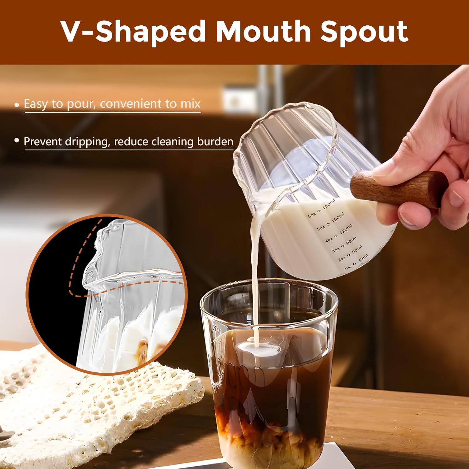 YARRAMATE Glass Measuring Cup - 6 oz/180ML with Wooden Handle | Ribbed Milk Frothing Pitcher