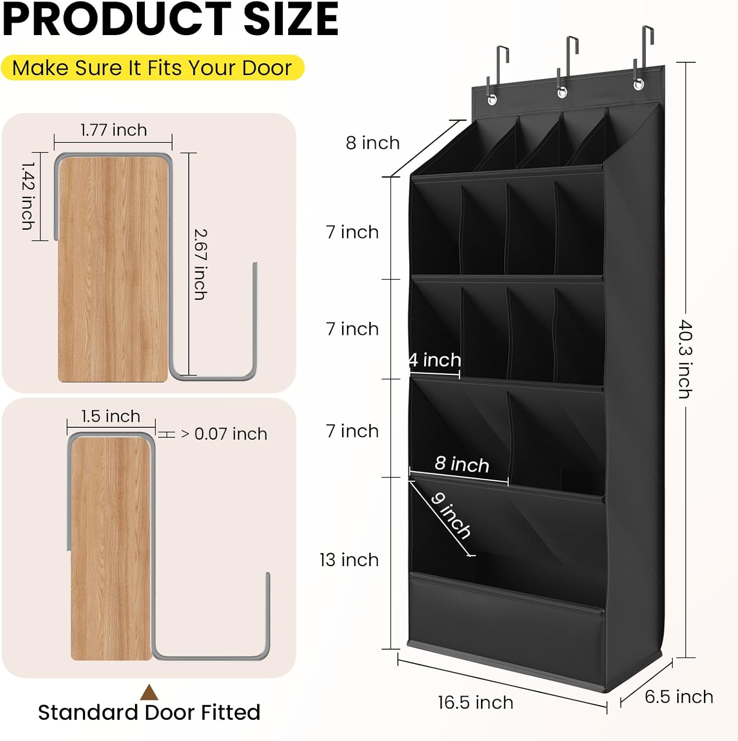 Skiennix Over The Door Shoe Organizer - 18 Pairs Hanging Shoe Rack with Large Breathable Pockets | Black