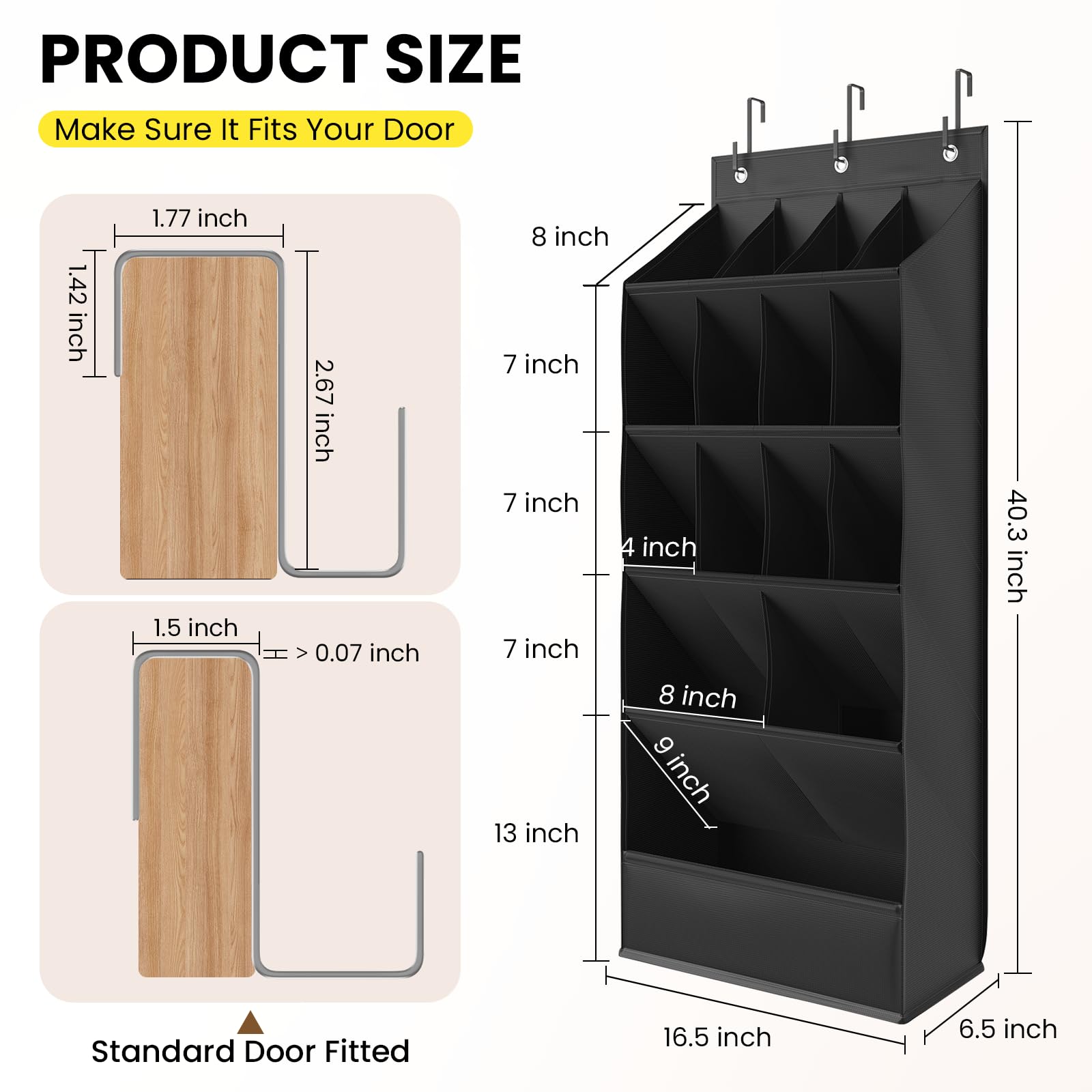 18 Pairs Over the Door Shoe Organizer, Shoe Rack for Closet Door with Large Breathable Pockets, Hanging Shoes Rack for Boots, Behind the Door Organizer Shoe Holder for Categorized Storage, Black