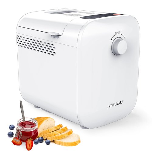 KOKUKAKU 22-In-1 Compact Automatic Bread Maker Machine, 1LB/1.5LB Programmable 2 Loaf Sizes, 3 Crust Colors, Small Digital Home Bakery with Dough, Cake, Jam, Yogurt, Non-stick Pan, White