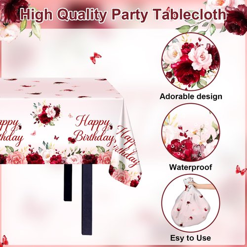 Avezano 3 pcs Burgundy Birthday Tablecloths 108x54 inch Red Pink Floral Birthday Party Decorations Burgundy Rose Bday Table Covers Disposable for Women Girls