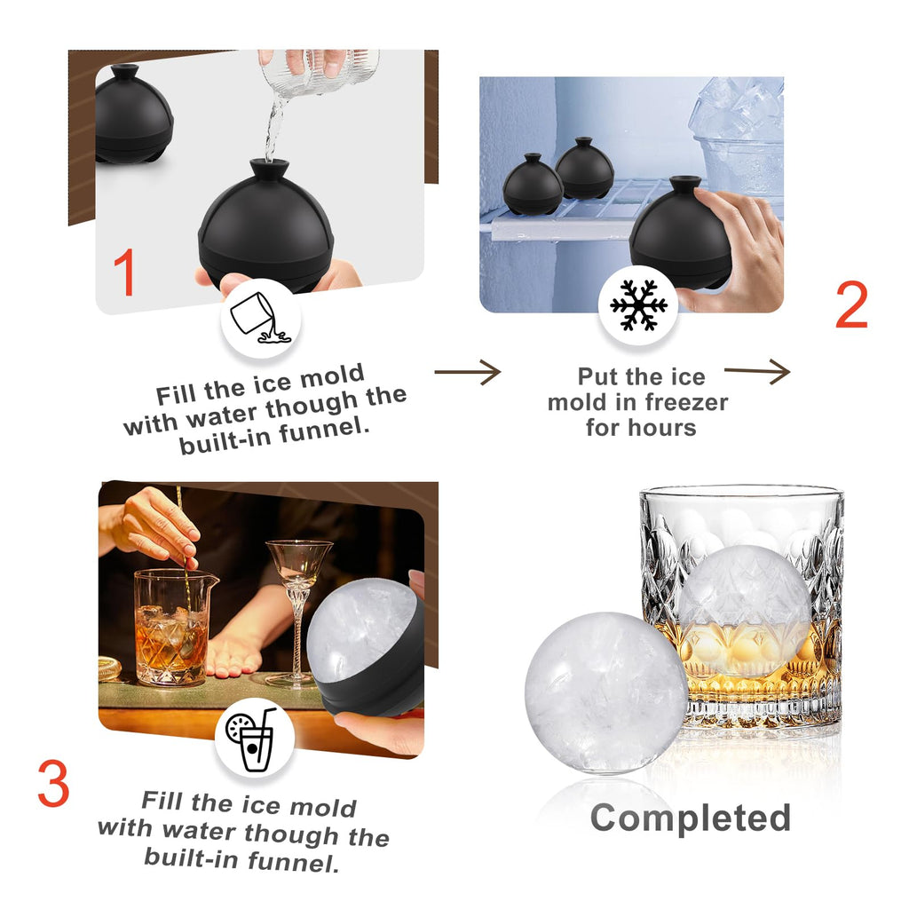 Samuelworld Large Ice Ball Maker with Lid, 4 x 2.5 Inch Round Silicone Ice Ball Mold, BPA Free, Easy To Fill Round Silicone Ice Tray, Craft Ice Maker for Whiskey, Cocktails, Gifting - Black