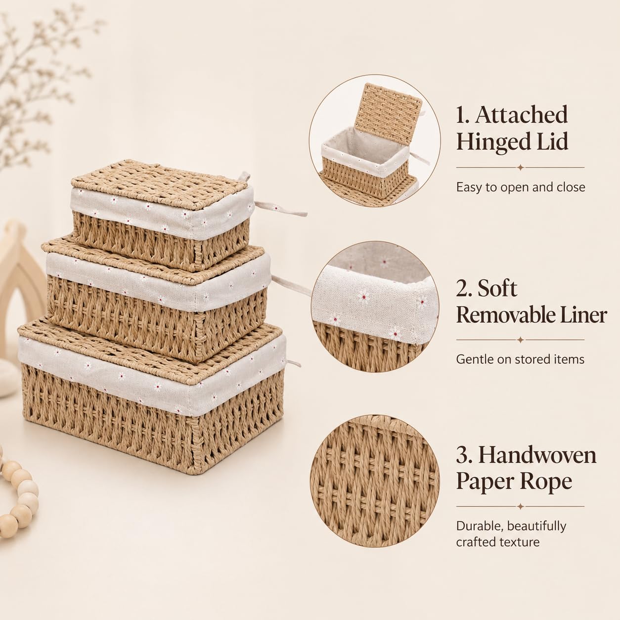 Storage Baskets with Lids, Set of 3 Wicker Baskets with Lids, Khaki Paper Rope Woven Storage Boxes with Removable Liners, Stackable Shelf Bins for Bathroom, Closet, Nursery
