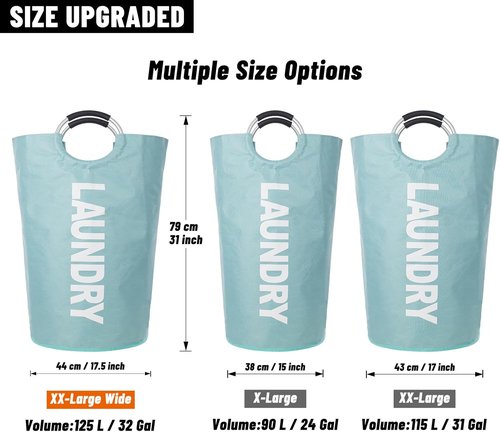 Caroeas 125L Laundry Basket - Large Collapsible Hamper with Padded Handles | Sturdy Free-Standing Design in Light Blue