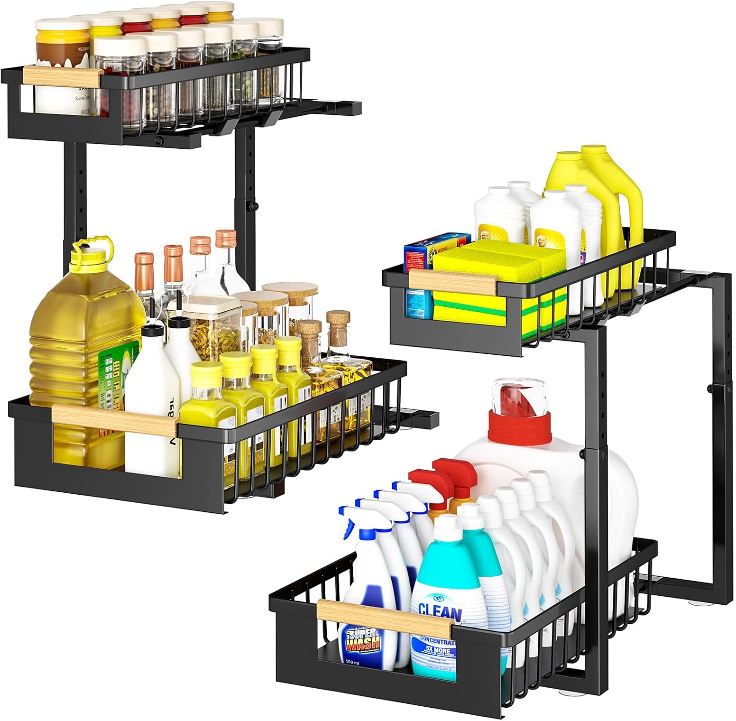 Under Sink Organizer by [Brand Name] - L-Shape 2-Tier Pull-Out Cabinet Storage Rack | Adjustable Height, Black, 2 Pack
