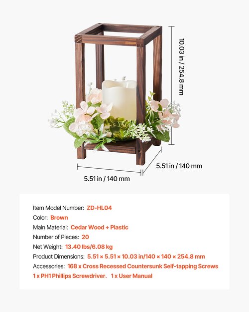 VEVOR 20 Set/60 Pcs Wooden Wedding Lantern Centerpiece, Includes 20 Wooden Lantern Candle Holder 20 Flameless LED Candle 20 Champagne Flower Wreath for Wedding Table Party Farmhouse Decor, Brown