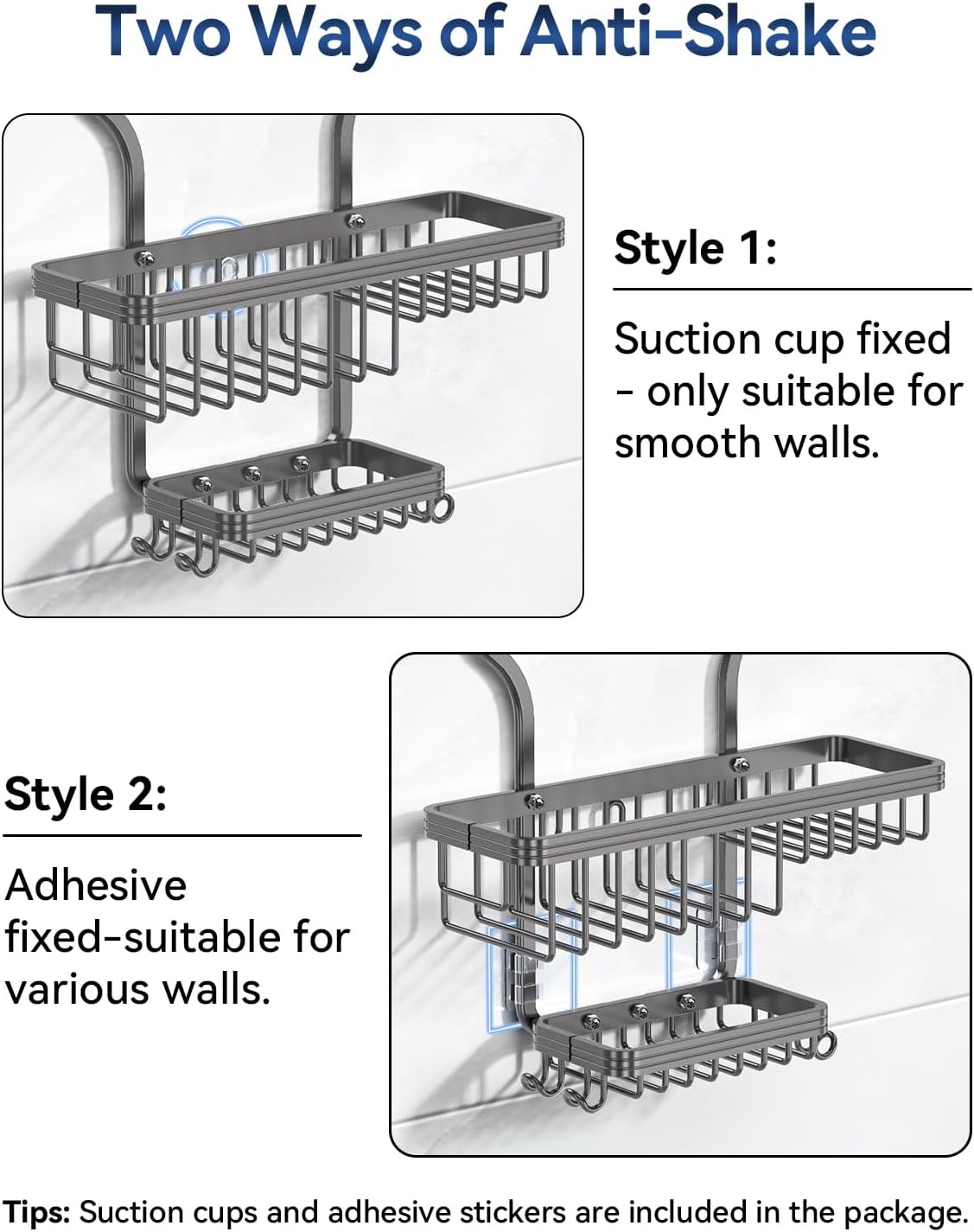 YASONIC Shower Caddy - Durable Aluminum Organizer with 10 Hooks & Soap Basket - Grey
