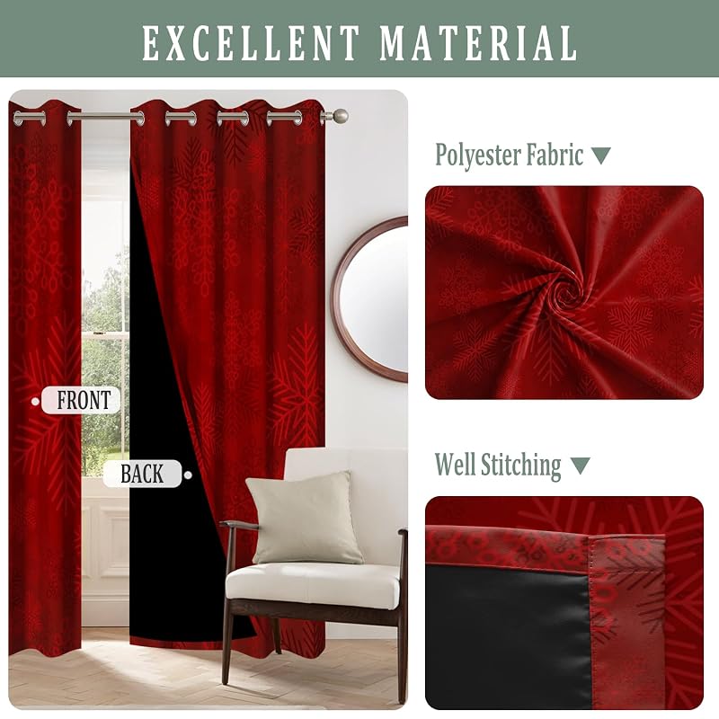 Red Christmas Window Curtains 42 x 63 in 2 Panels Thermal Blackout 80-90% Light Blocking