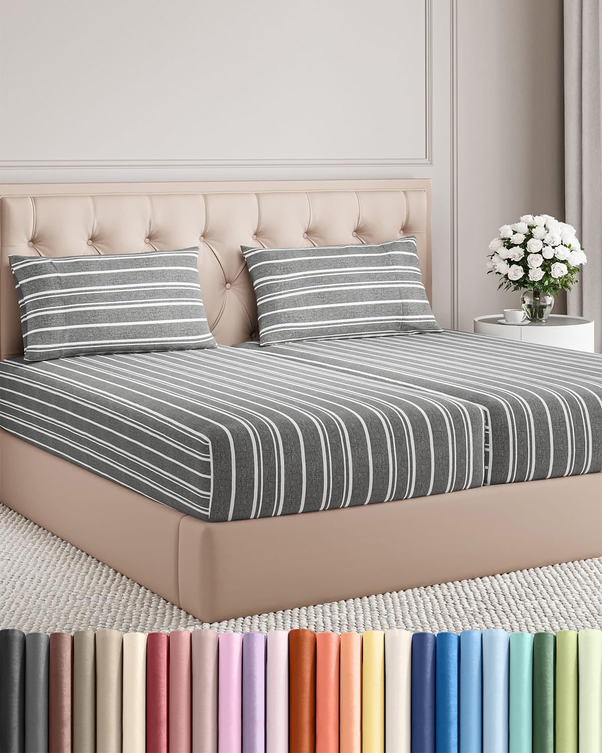 Split King Size 5 Piece Sheet Set | Comfy Cooling Bed Sheets - Hotel Luxury Bedding - Grey Stripes