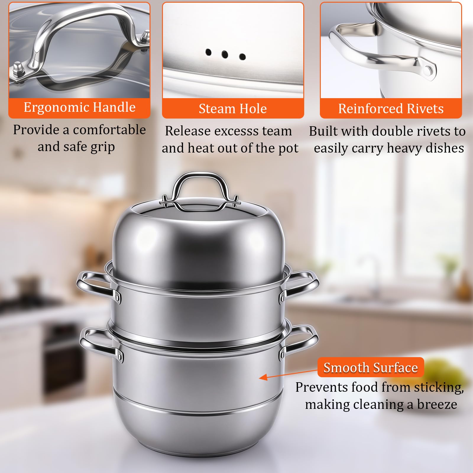 2-Tier Stainless Steel Induction Steamer Pot (30cm/11.8Inch) - Large Food Steamer for Dumplings, Buns & Dim Sum - Dishwasher Safe with Even Heat Distribution