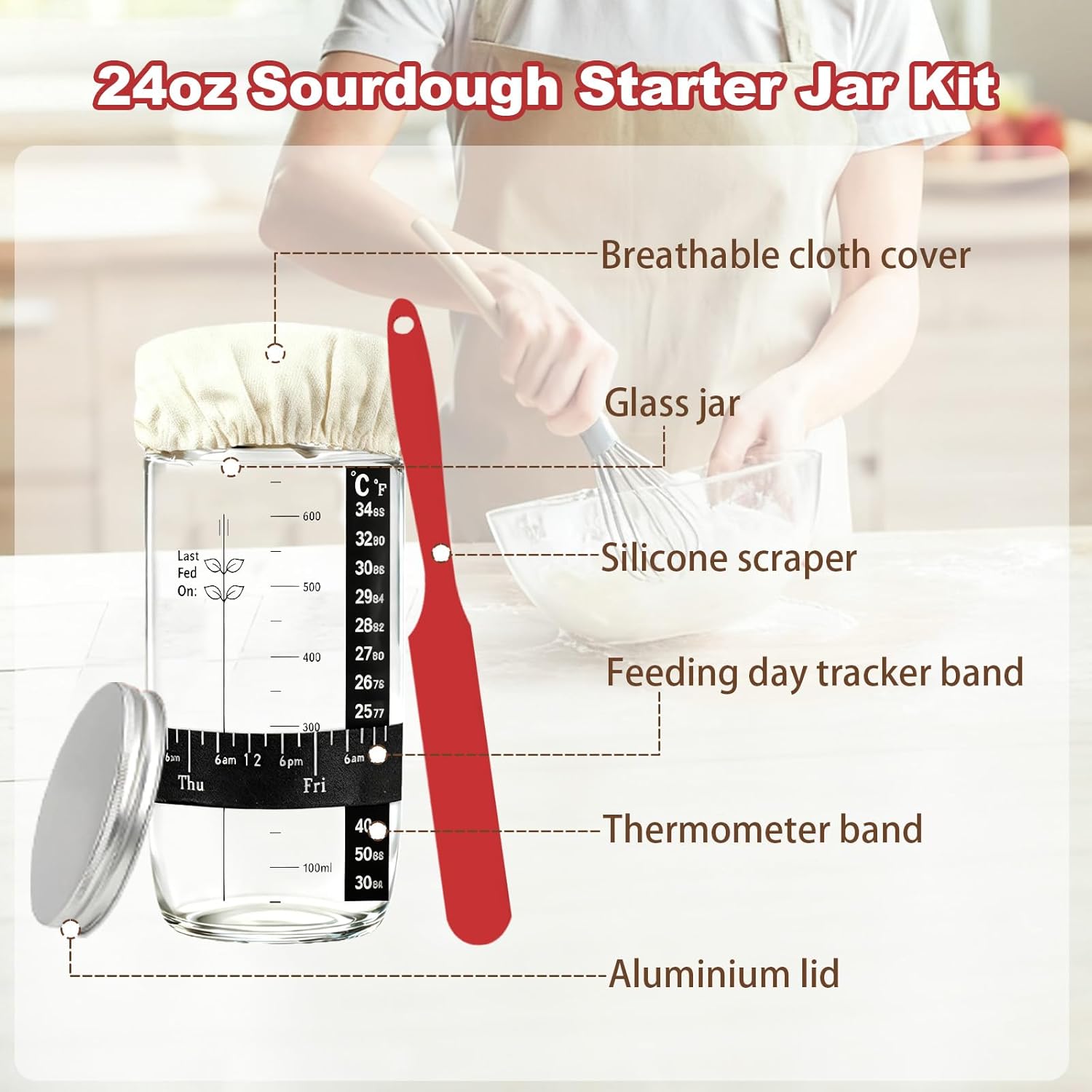 Skiennix Sourdough Starter Kit - Complete Baking Supplies with Scale, Glass Jar & Proofing Basket | Perfect Gift for Beginners