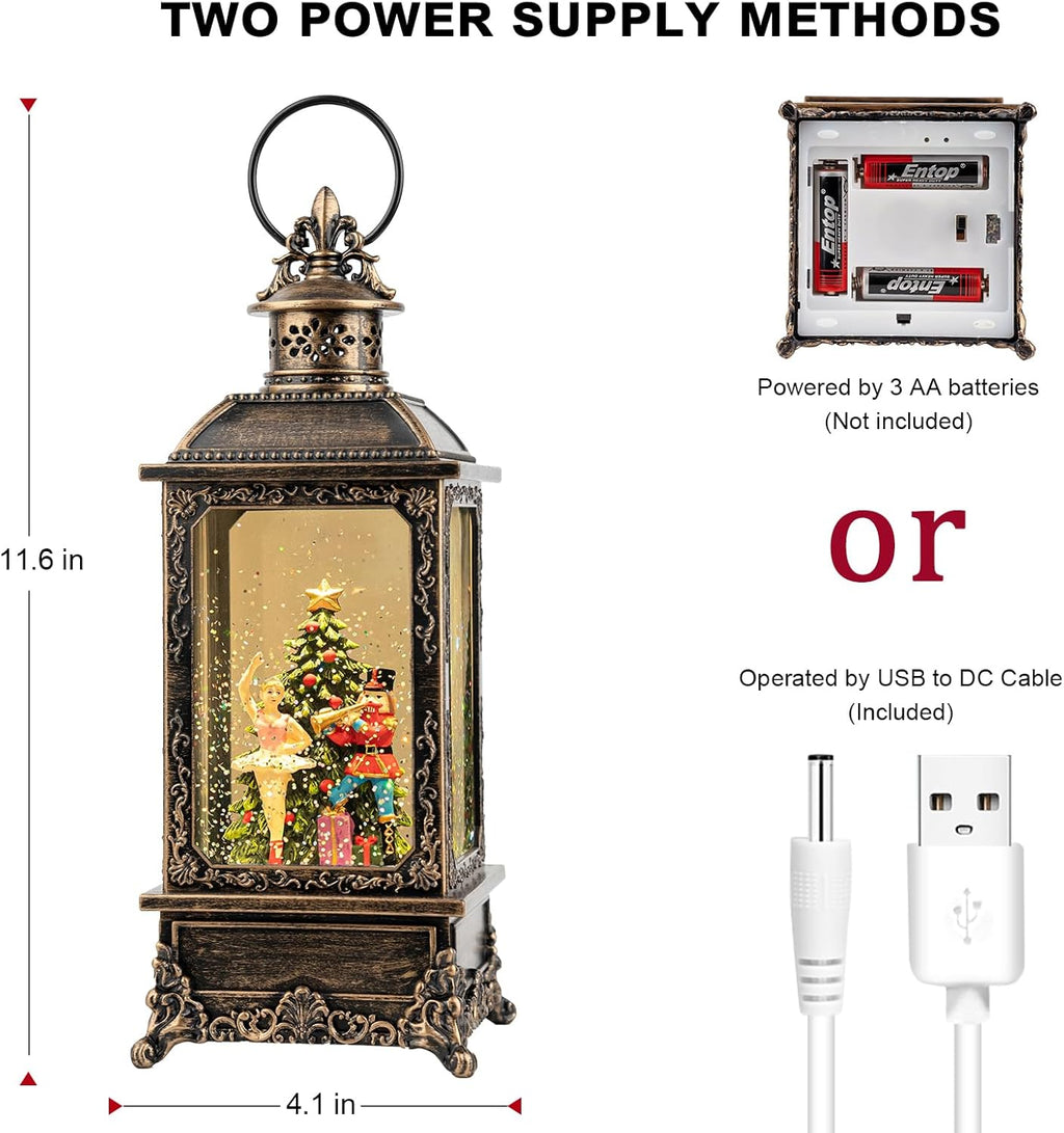 VISFLAIR Christmas Snow Globe Lantern - Musical Nutcracker & Ballerina Decoration | Battery or USB Powered