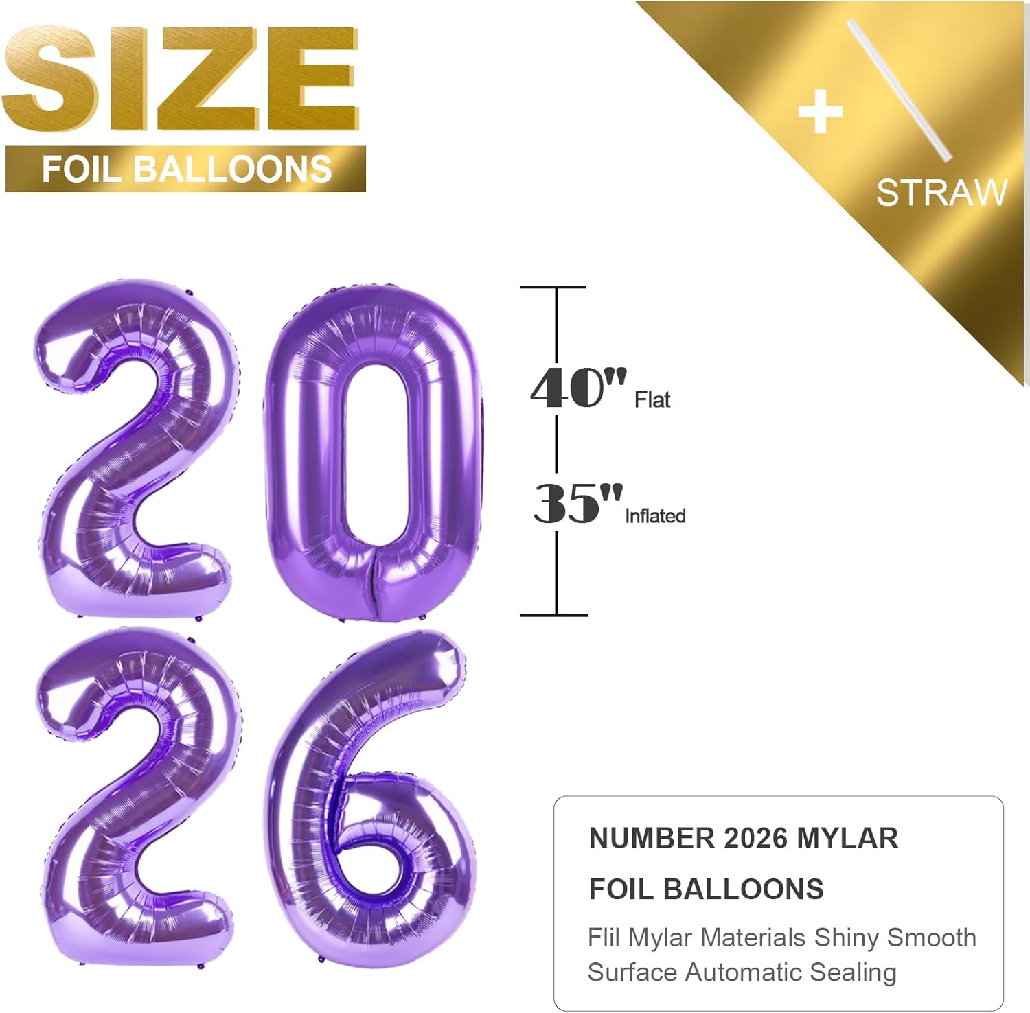 Purple 2026 Number Balloons - 40 Inch Giant Balloons for New Year's Eve & Graduation Celebrations