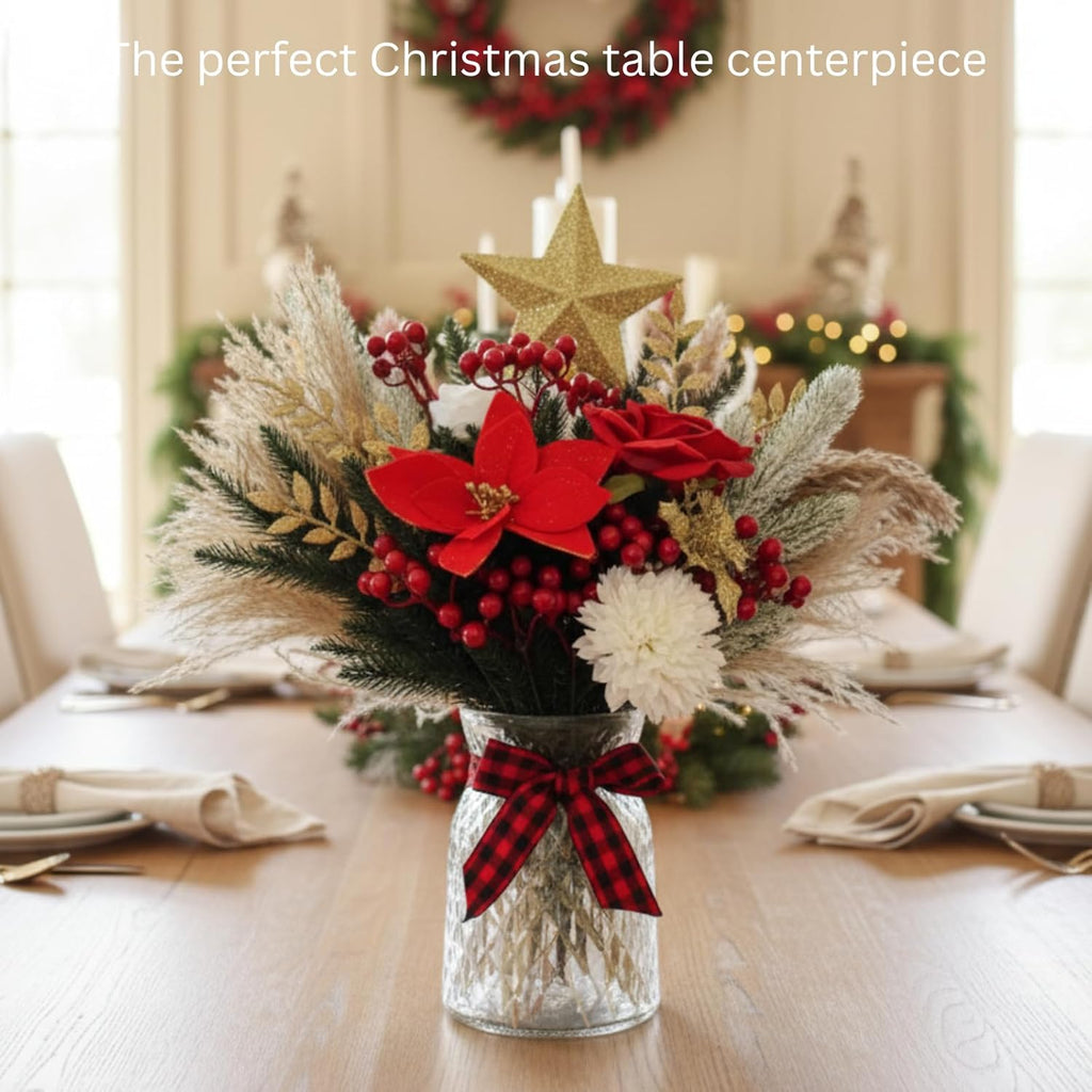 RyddeligHome Christmas Centerpieces - 100pcs Holiday Floral Arrangements in Vase | Red Poinsettia & Pine
