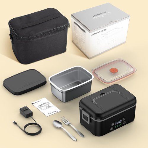 BOSPEWTSE Cordless Heated Lunch Box, Smart Timer Automatic Heating Food Warmer for Adults, 5.5-Cup Portable Electric Lunch Container with Handheld Insulated Bag（Dark Black）
