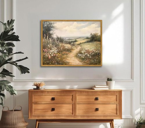 Framed Countryside Landscape Canvas Wall Art - Vintage Wildflower Meadow Print | 16x24 Inch Ready to Hang