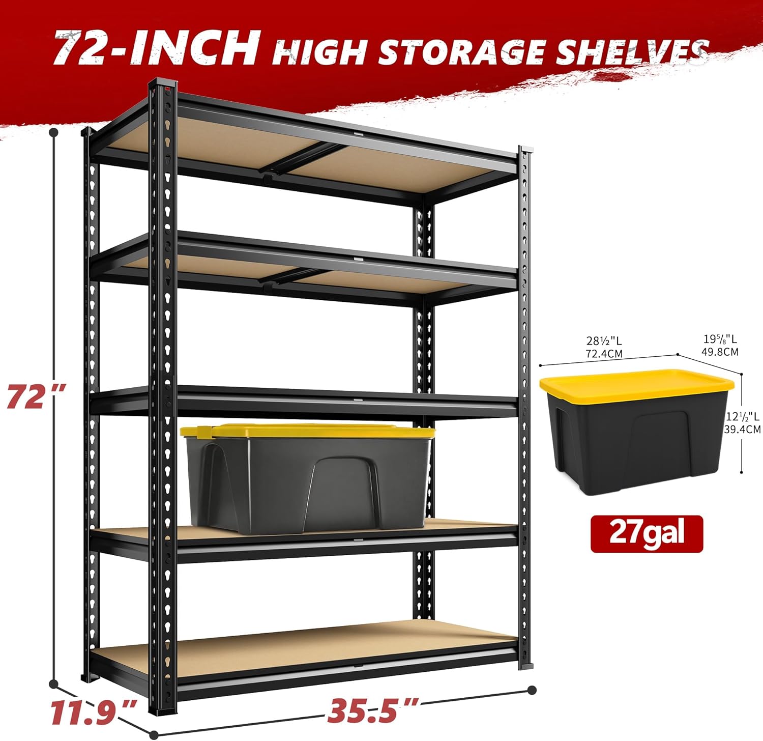 REIBII 5-Tier Heavy Duty Storage Shelves - Adjustable Utility Rack for Garage & Pantry | 35.5" W x 11.9" D x 72" H, Black