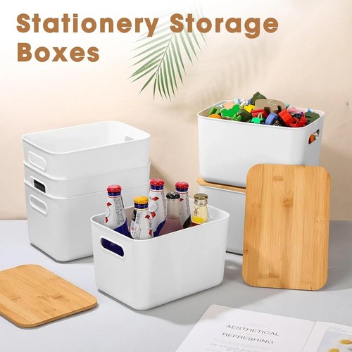 Geosar Storage Bins - 6 Pcs Stackable Plastic Containers with Bamboo Lids & Labels | 10.1x7x6.69 In (White)
