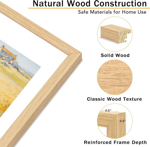 JCJMY Solid Wood Picture Frame - Display 6x8 with Mat or 8x12 Without Mat | Natural Finish, Shatter-Resistant Plexiglass