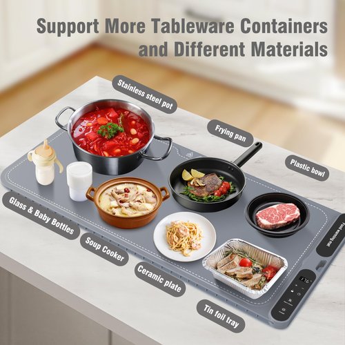 Extra Large Food Warming Pad,One-Touch Fast Electric Heating Tray,15x31.6"Rapid Heating Plate with Hanging and Foldable Storage,Portable Food Warmer for Parties, Buffets,Home Use and Travel (grey)