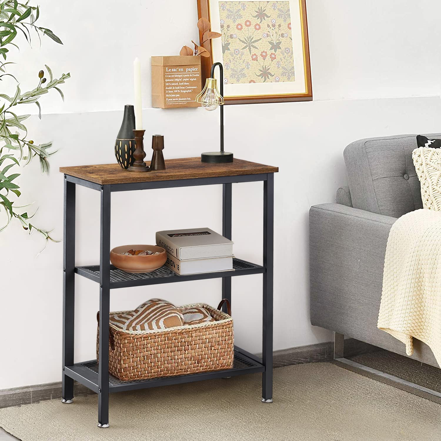 VECELO Tall End Side Tables,30" Height Nightstand with 3-Tier Storage Shelf for Bedroom Living Room, Easy Assembly,Industrial Style, Brown