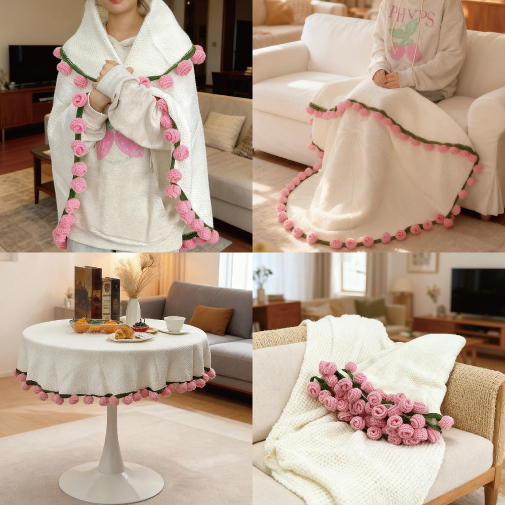 SoffMoiis 47-Inch Round Crochet Rose Flower Bouquet Blanket for Bed & Couch, Romantic Gift for Daughter Birthday, Valentine, Christmas,Mother's Day (Pink)