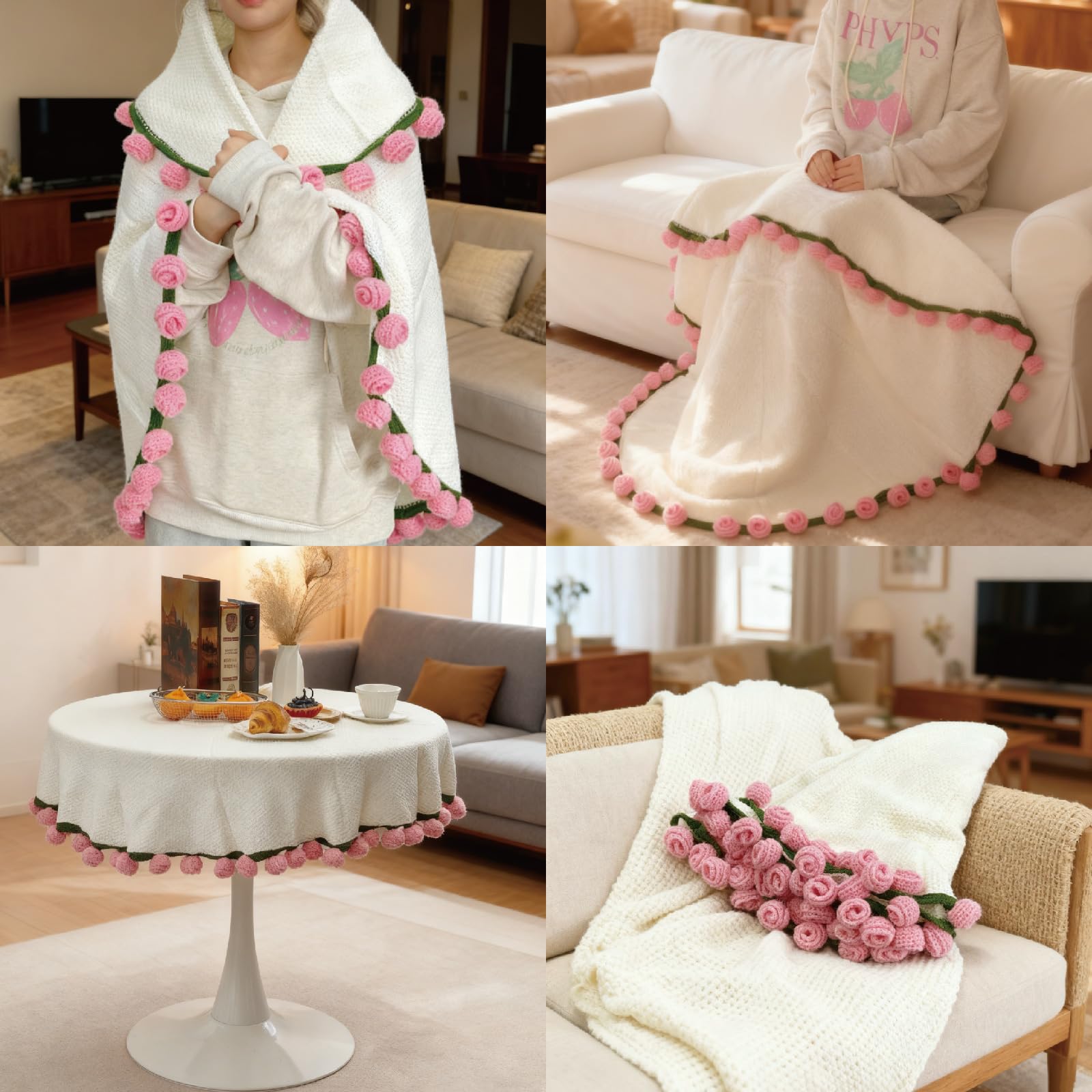 SoffMoiis 47-Inch Round Crochet Rose Flower Bouquet Blanket for Bed & Couch, Romantic Gift for Daughter Birthday, Valentine, Christmas,Mother's Day (Pink)