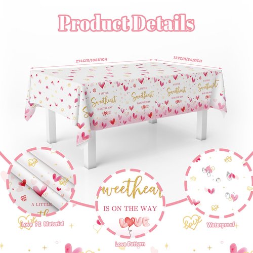 MEHOFOND 3pcs Valentine's Day Baby Shower Tablecloth for Girl, Disposable Plastic A Little Sweetheart is On The Way Pink Heart Table Cloth Rectangle 54x108 inch, Table Cover for Baby Shower Decor