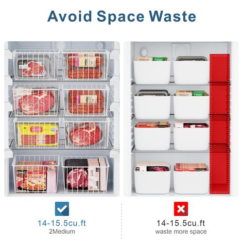 iSPECLE Freezer Organizer Bins - Fits 14 to 15.5 Cu.Ft Upright Freezers, 6 Pack Wire Baskets with High Sides to Prevent Falling, Easy Access Storage for Categorizing Food, White