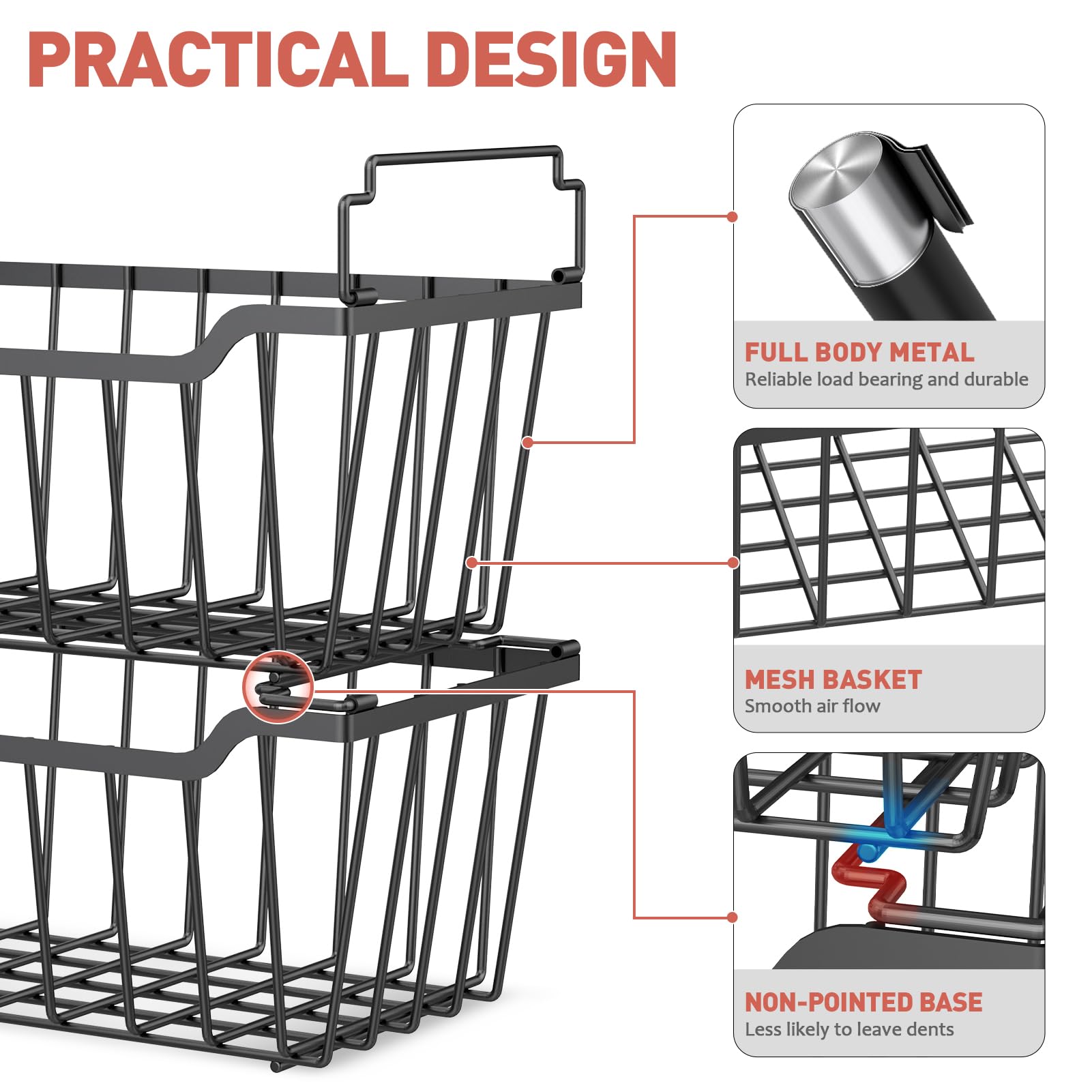 Goovilla Freezer Organizer Bins with Foldable Handle, 4 Pack Stackable Freezer Baskets for 3.5-7 Cu.FT Deep Chest Freezer Organization, Coated Metal Freezer Storage Bins with Better Space Utilization