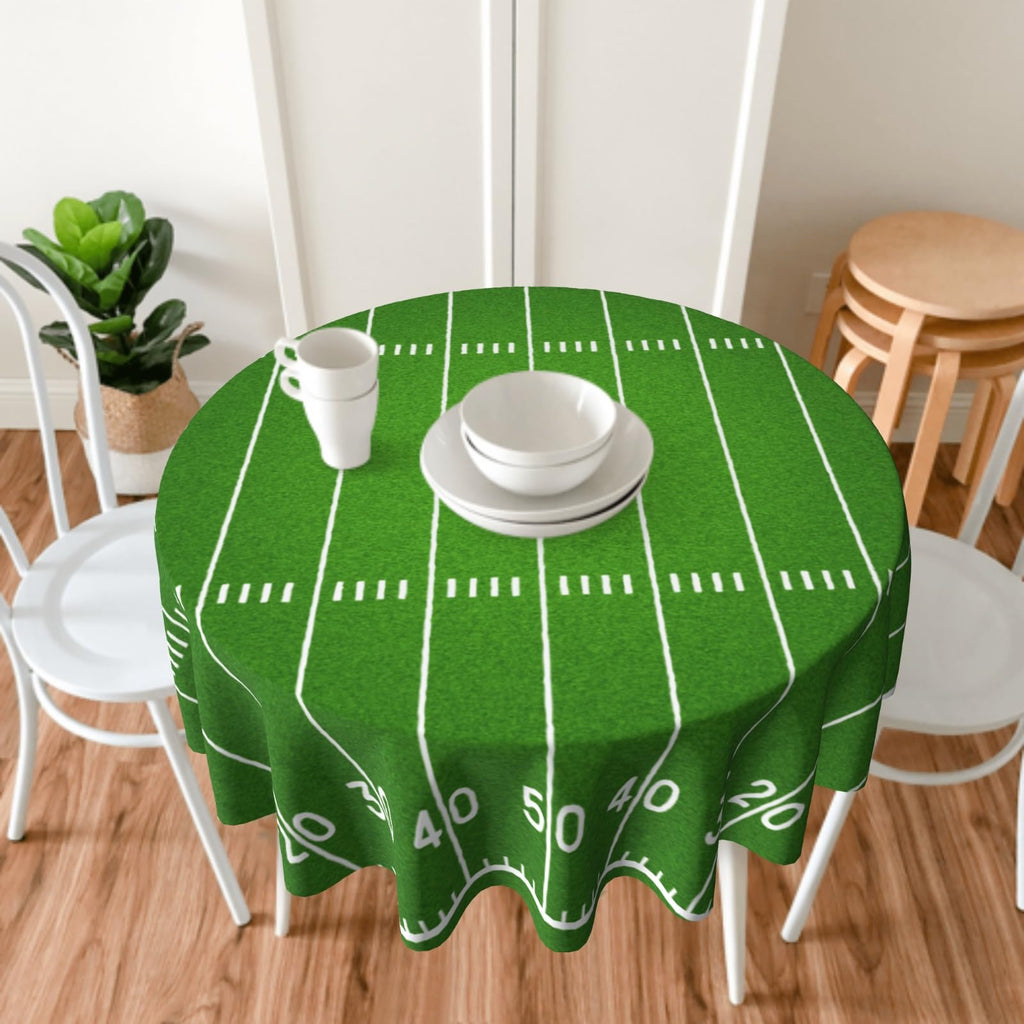 Vrysenium Football Tablecloth Round 60 Inch Green Football Field Table Cloth Circle Sport Themed Table Cover Waterproof Wipeable Polyester Tabletop for Birthday Games Day Party Decorations