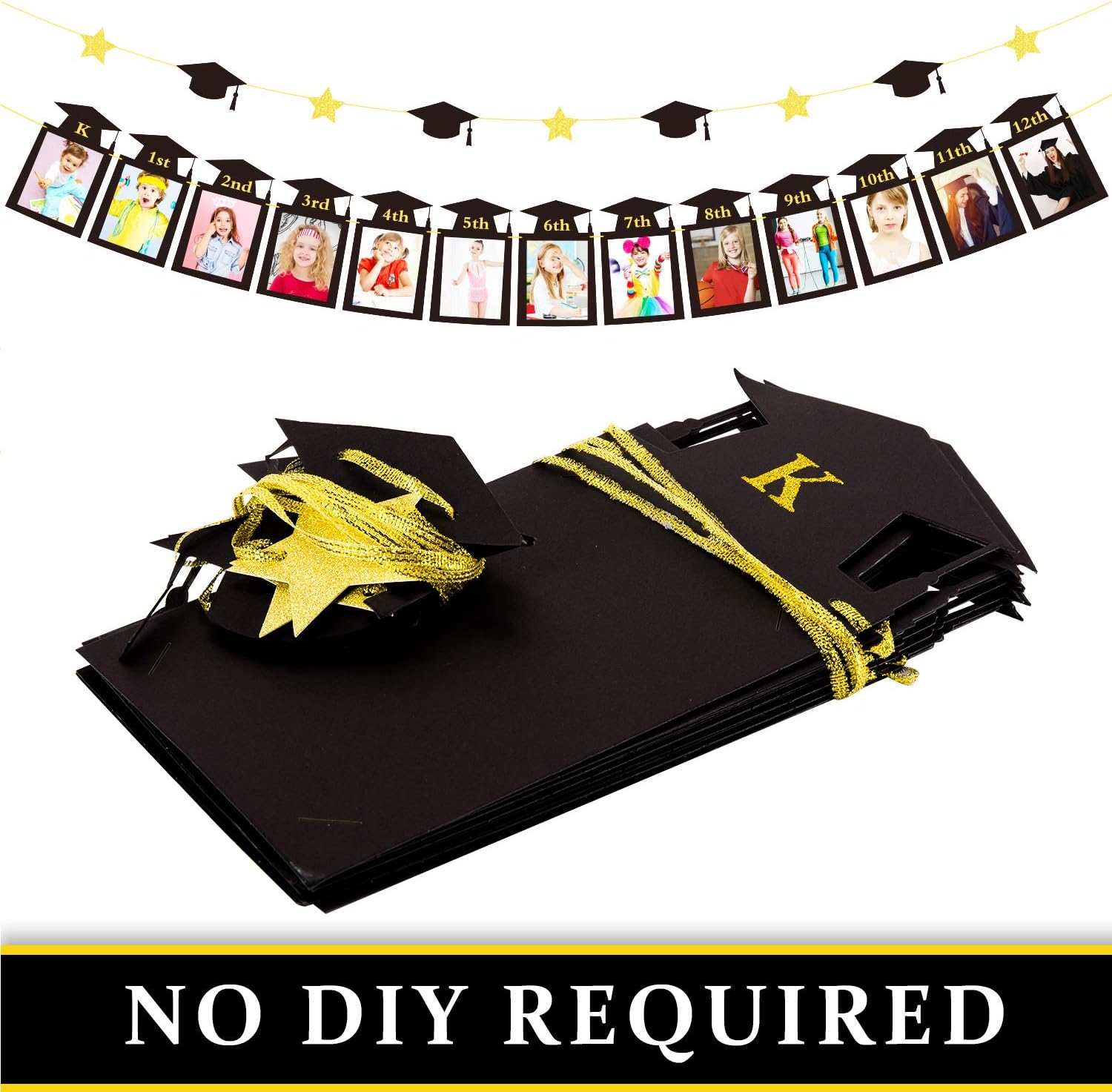 Whaline Graduation Photo Banner - No DIY Required Hanging Bunting | Black Gold Glitter, 5 x 7 Inch